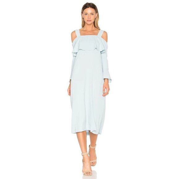 Ganni Clark Cold Shoulder Ruffle Midi Dress Sterling Blue Size 4 - Picture 1 of 10
